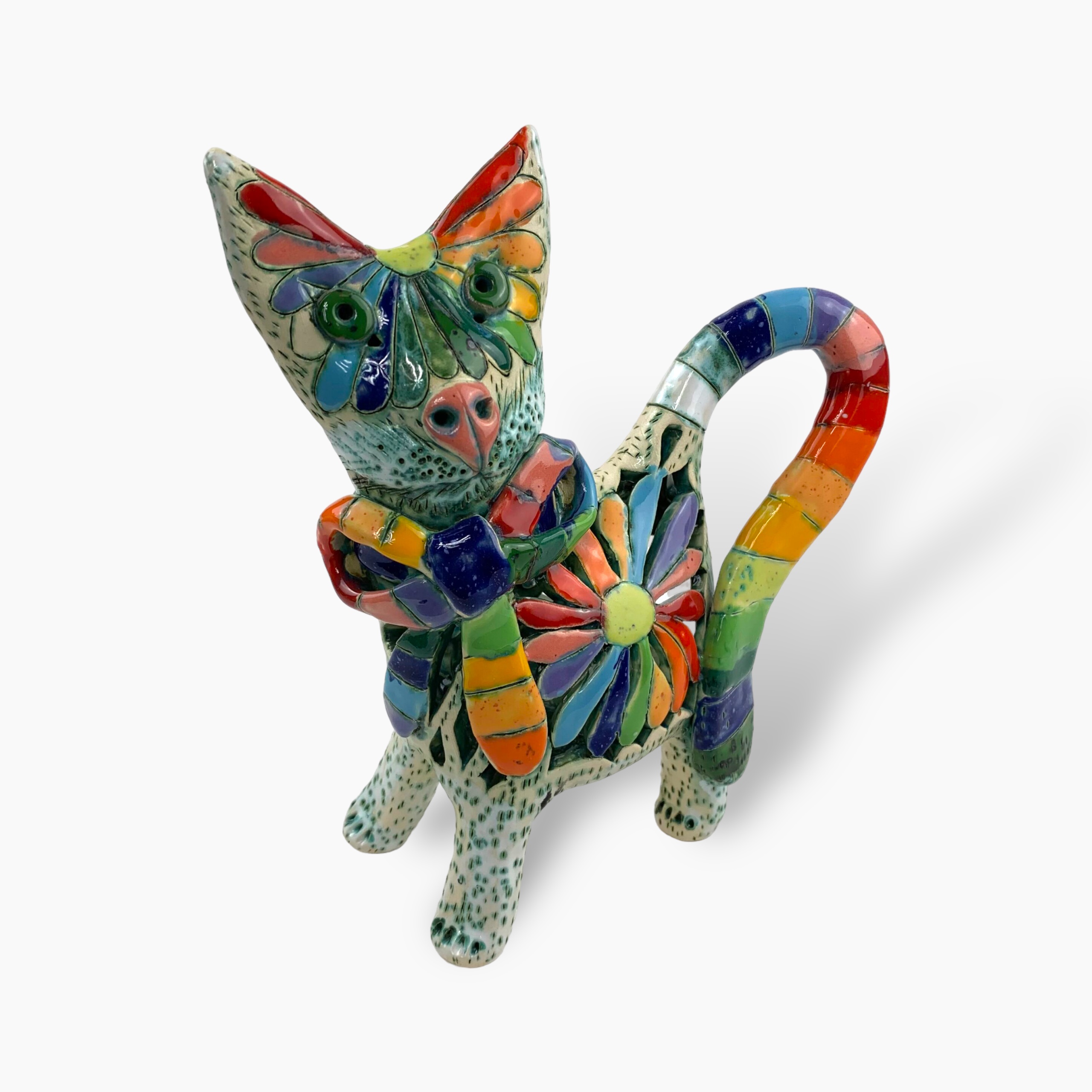 keramik_20231112_194031 Katze-Windlicht stehende mit großer bunter Kamille – Bild 1