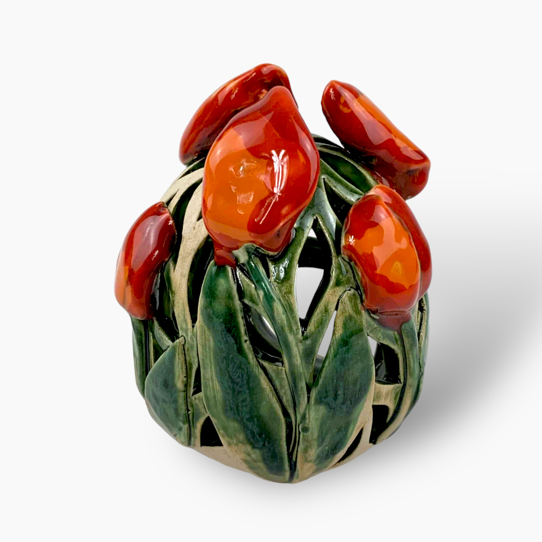 keramik_014_20231112_183854 Blumenstrauß Windlicht grüne mit Tulpen – Bild 1