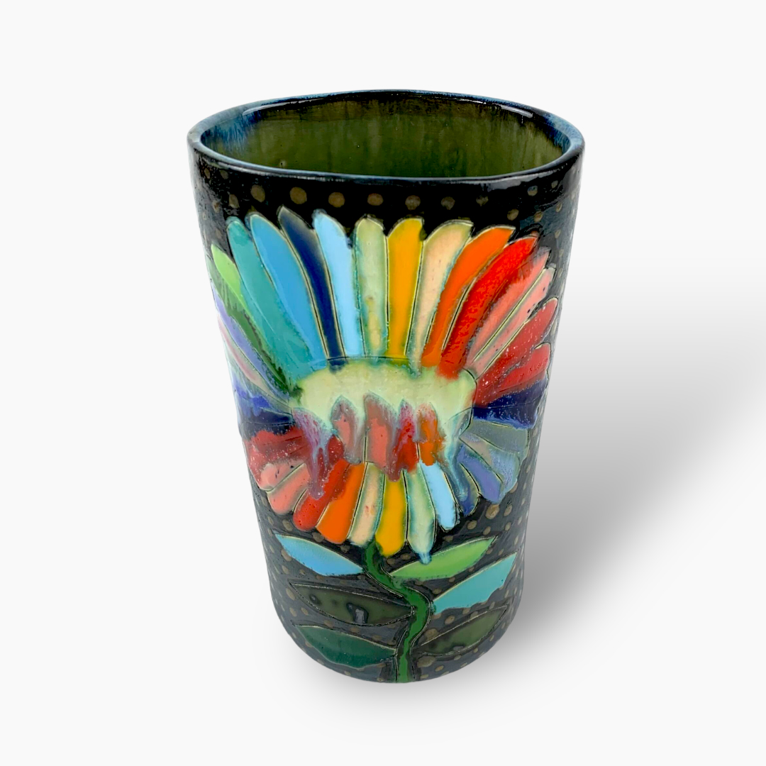 keramik_037_20231112_183854 Blaue Vase bemalt mit Blume – Bild 1