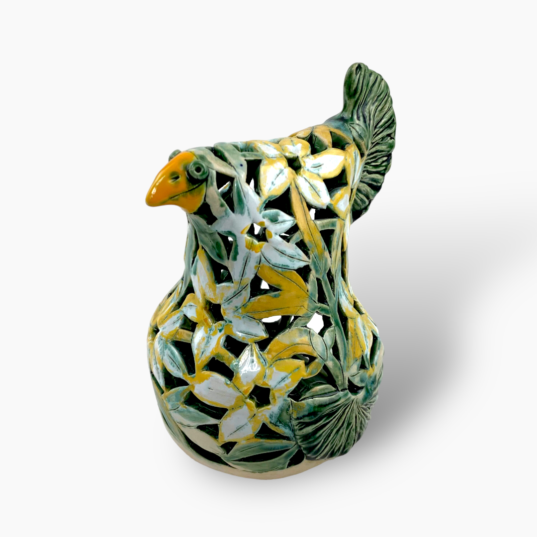 keramik_041_20231112_183854 Bemalter Vogel-Windlicht mit Weiß-Gelben Blumen – Bild 1